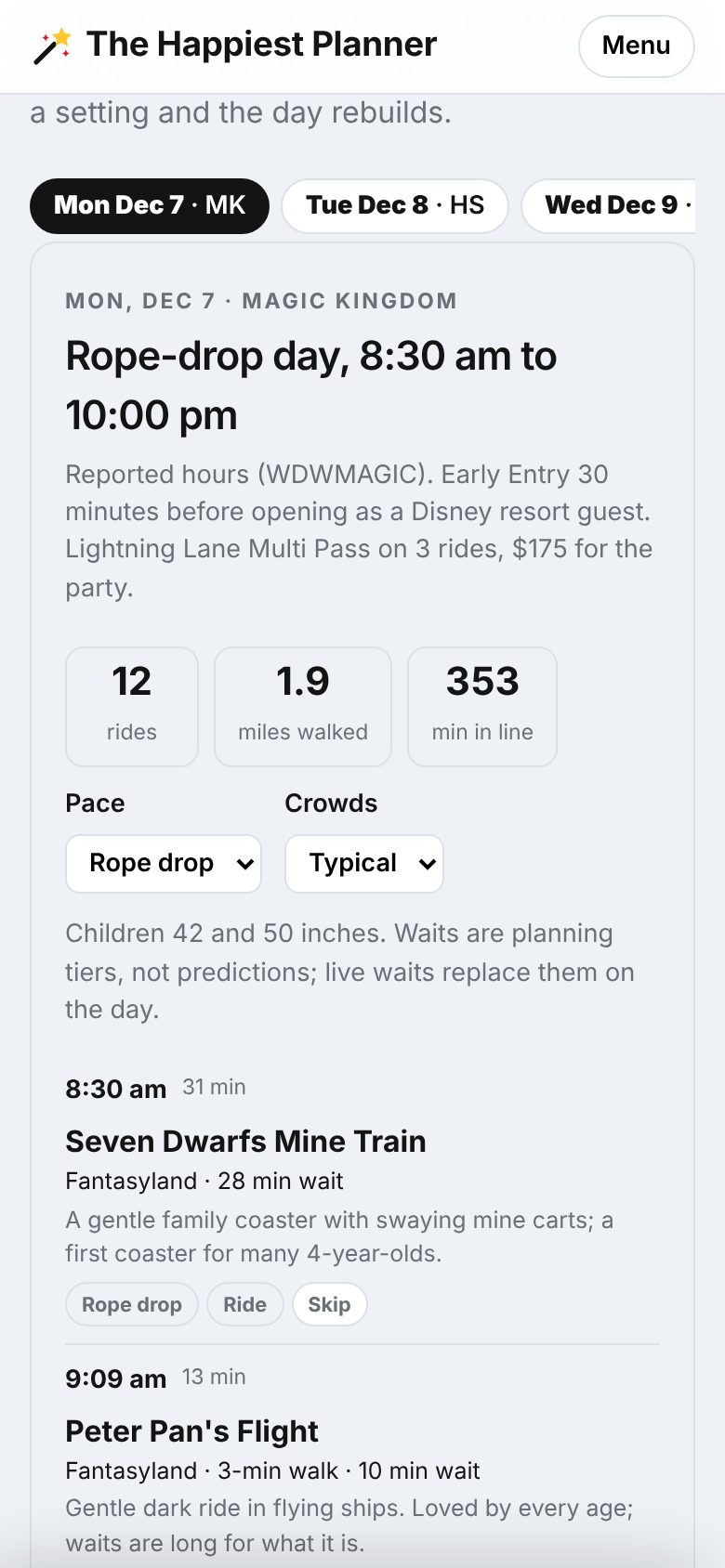 The planner on a phone: Monday at Magic Kingdom, rope-drop day 8:30 am to 10 pm, 12 rides, 1.9 miles walked, Seven Dwarfs Mine Train at 8:30 then Peter Pan's Flight on Lightning Lane